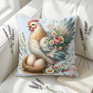 Floral Hen with Eggs Vintage Farmhouse Charm Cushion