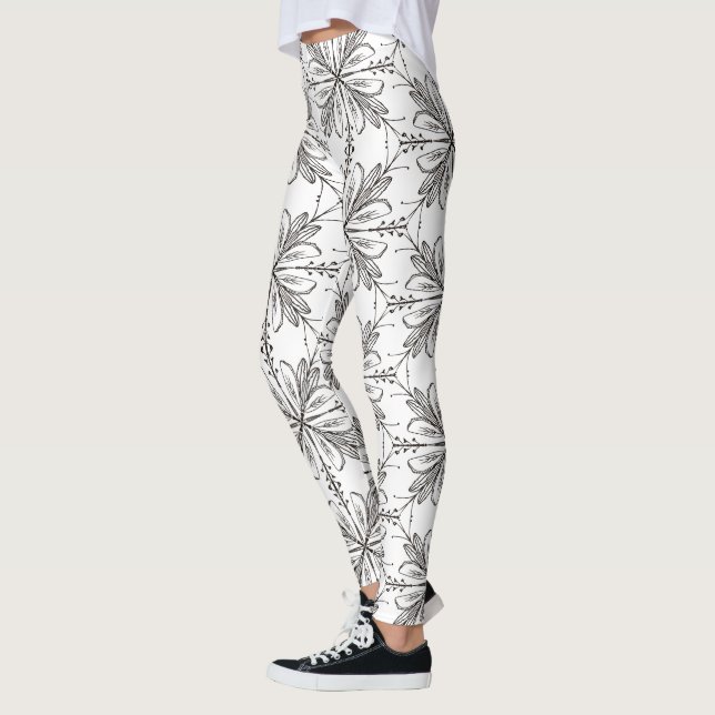 Floral Henna Mandala Black White Leggings (Left)