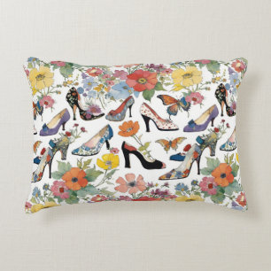 Floral High Heel Shoes Wildflowers And Butterflies Decorative Cushion