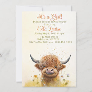 Floral Highland cow baby shower invitation 