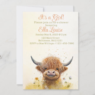 Floral Highland cow baby shower invitation