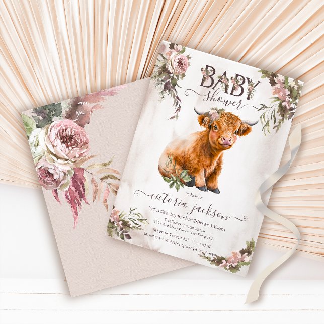 Floral Highland Cow Baby Shower Invitation (Creator Uploaded)