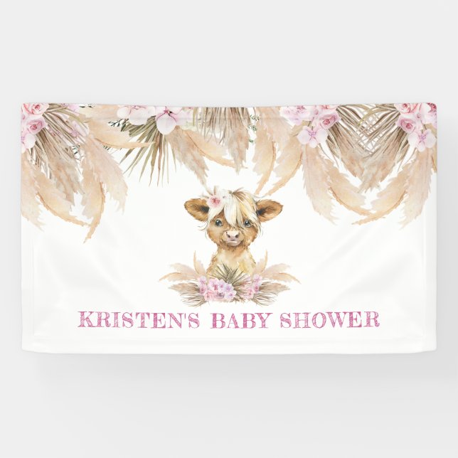 Floral Highland Cow Baby Shower Welcome Banner (Horizontal)