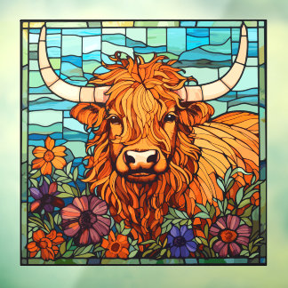 Floral Highland Cow Farm Life Faux Stained Glass