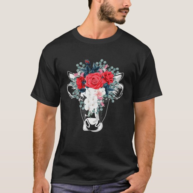 Floral Highland Cow Heifer Dairy Farm Animal Wildf T-Shirt (Front)
