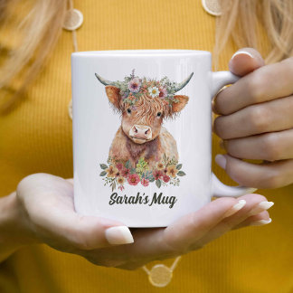 Floral Highland Cow Personalised Coffee Coffee Mug