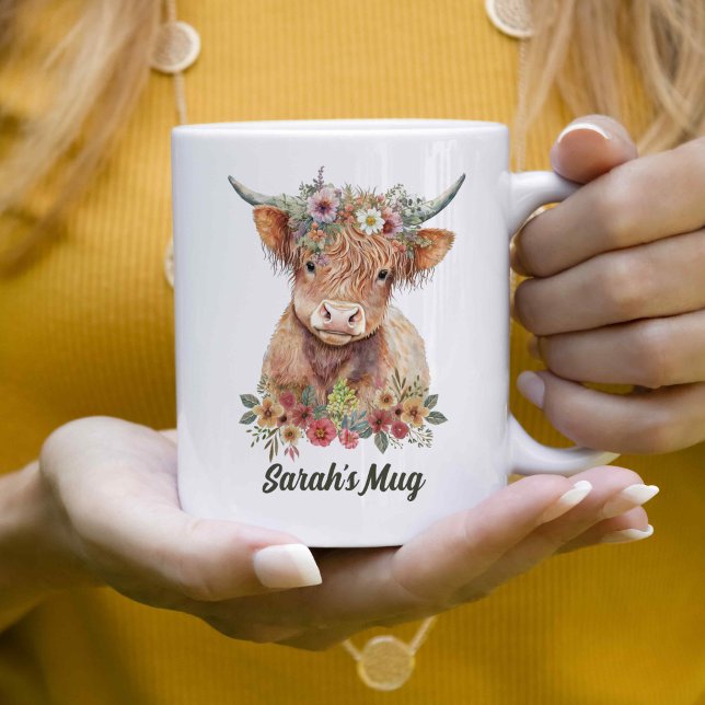 Floral Highland Cow Personalised Coffee Mug (Creator Uploaded)