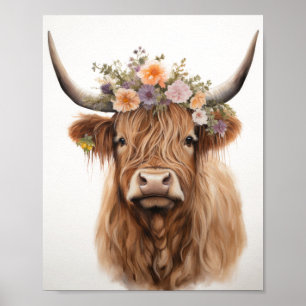 Floral Highland Cow Poster