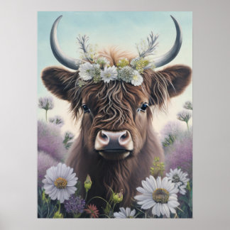 Floral Highland Cow Poster