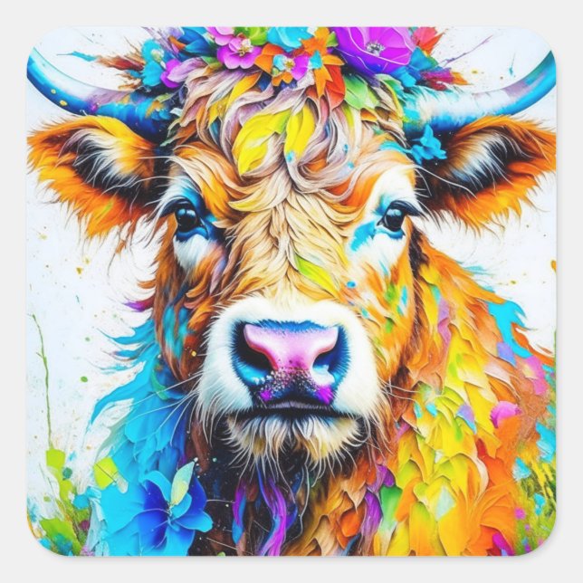 Floral Highland Cow   Square Sticker (Front)