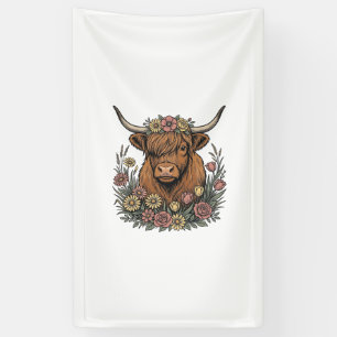 Floral Highland Cow Vintage Engraving Design_1 Banner