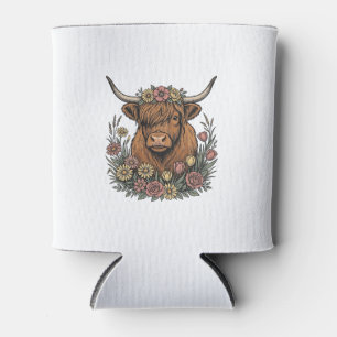 Floral Highland Cow Vintage Engraving Design_1 Can Cooler