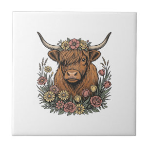 Floral Highland Cow Vintage Engraving Design_1 Ceramic Tile