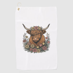 Floral Highland Cow Vintage Engraving Design_1 Golf Towel