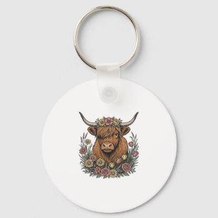 Floral Highland Cow Vintage Engraving Design_1 Key Ring