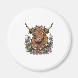 Floral Highland Cow Vintage Engraving Design_1 Magnet