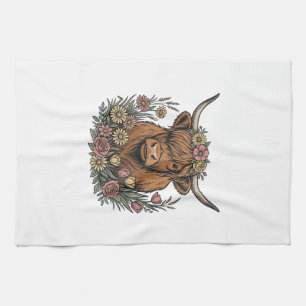 Floral Highland Cow Vintage Engraving Design_1 Tea Towel