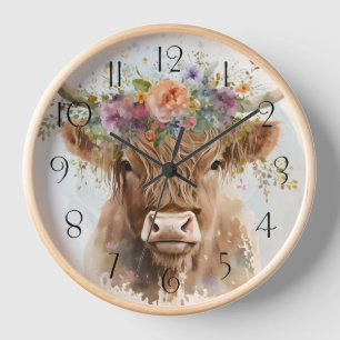 Floral Highland Cow Watercolor Clock