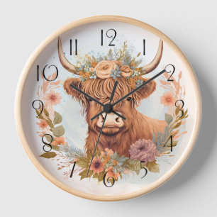 Floral Highland Cow Watercolor Clock