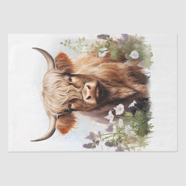 Floral Highland Cow Watercolor Tissue Paper (Front)