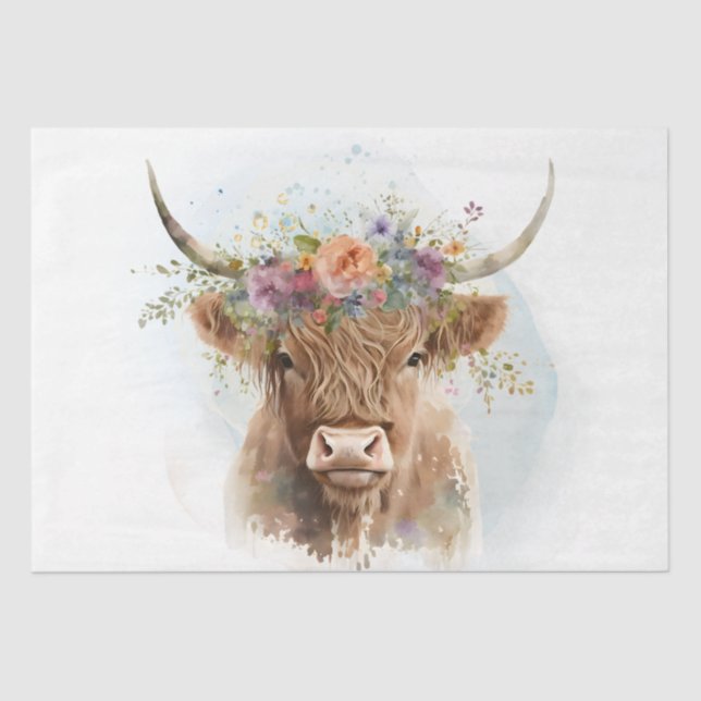 Floral Highland Cow Watercolor Tissue Paper (Front)