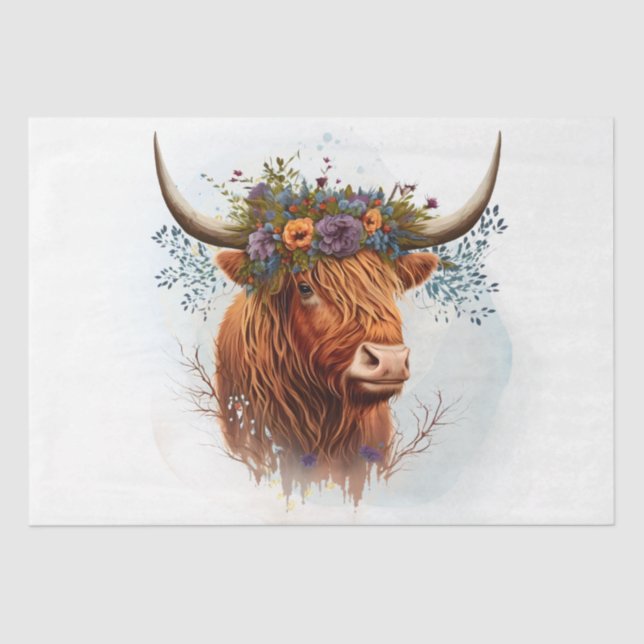 Floral Highland Cow Watercolor Tissue Paper (Front)