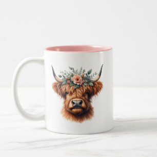 Floral Highland Cow With Flowers Two-Tone Coffee Mug