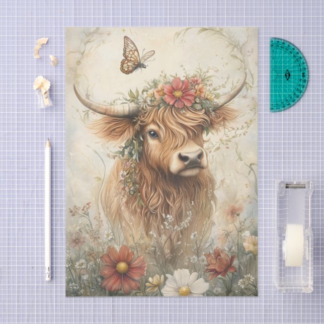 Floral Highland Cow With Wildflowers Decoupage Tissue Paper (Craft)