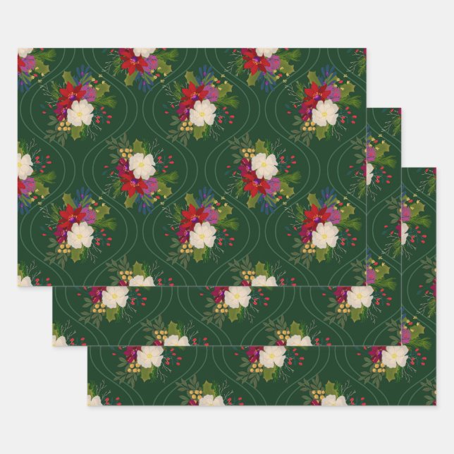 floral holiday bouquet gift wrap green 3 pack (Set)