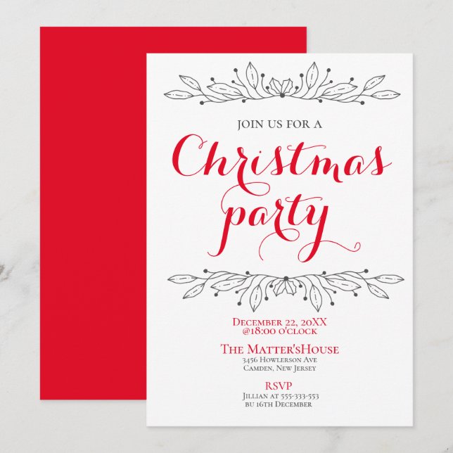 Floral Holiday Christmas Red Grey Party Minimal Invitation (Front/Back)