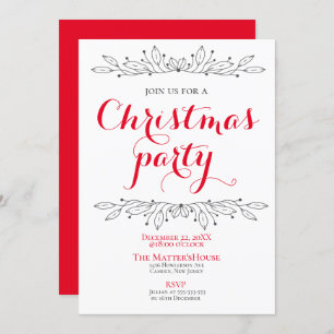 Floral Holiday Christmas Red Grey Party Minimal Invitation