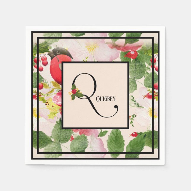Floral Holiday Monogram Letter Q Family Name Paper Napkin (Front)