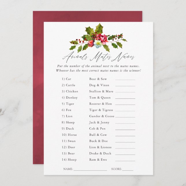 Floral Holly Christmas Bridal Shower Game Invitation (Front/Back)