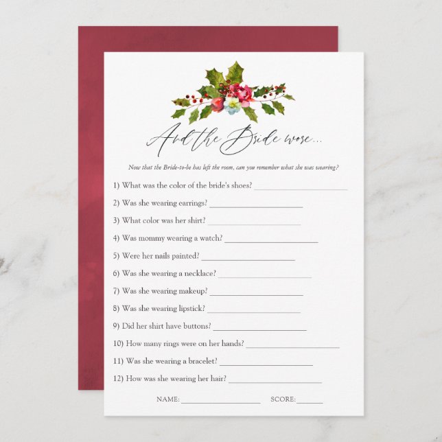 Floral Holly Christmas Bridal Shower Game Invitation (Front/Back)