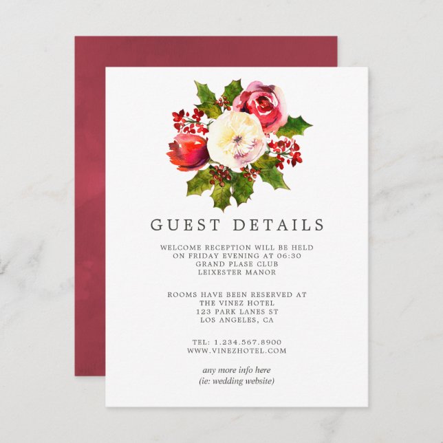 Floral Holly Christmas Wedding Guest Details Invitation (Front/Back)