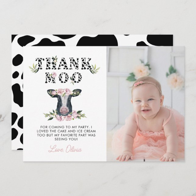 Floral Holy Cow Thank Moo Birthday   Thank You Card (Front/Back)