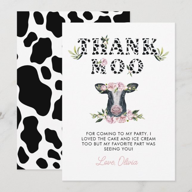 Floral Holy Cow Thank Moo Birthday  Thank You Card (Front/Back)