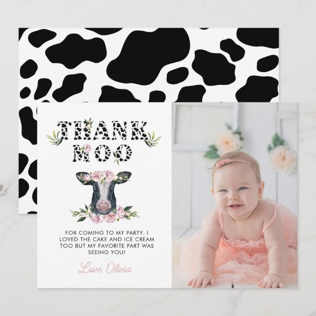 Floral Holy Cow Thank Moo Birthday   You Card (Front/Back)