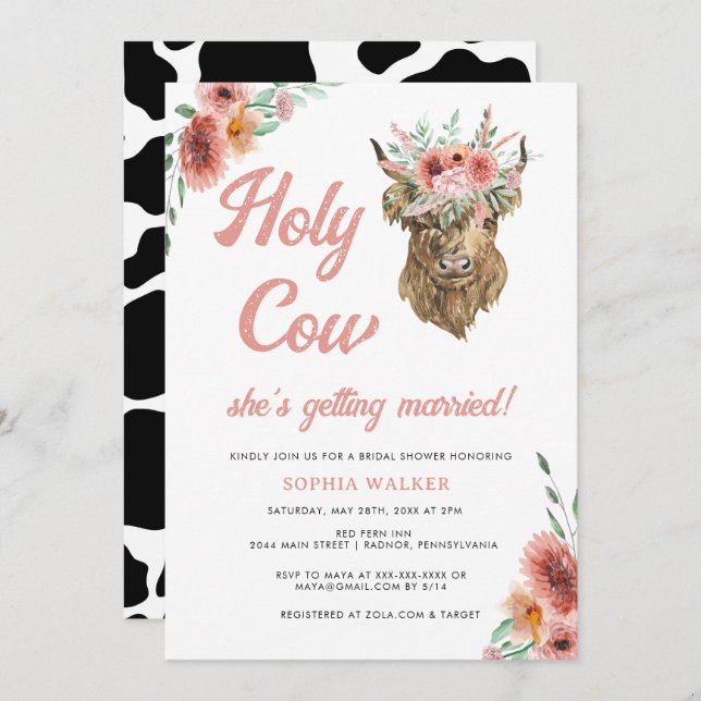 Floral Holy Cow Western Bridal Shower  Invitation (Front/Back)