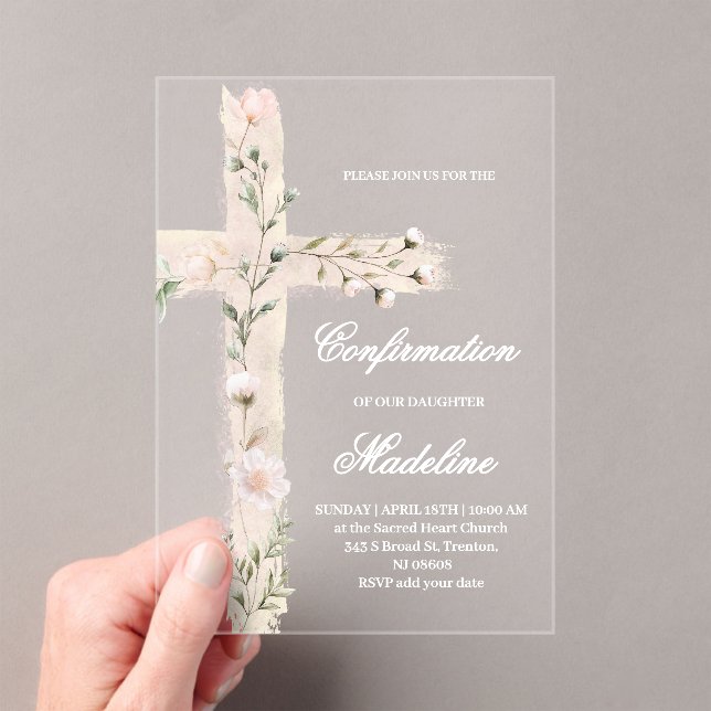 floral Holy cross Confirmation Acrylic Invitations (Insitu (Handheld))
