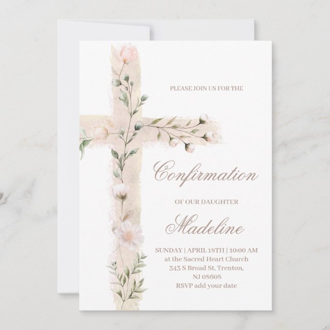 floral Holy cross Confirmation Invitation (Front)