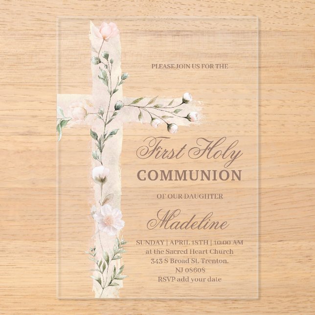 floral Holy cross First Communion Acrylic Invitations (Front)