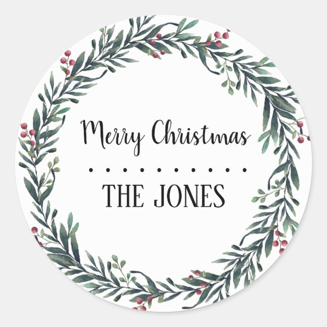 Floral Holy  Wreath | Personalised Christmas Classic Round Sticker (Front)