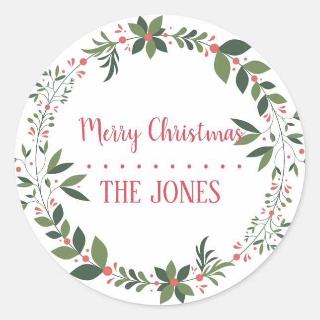 Floral Holy  Wreath | Personalized Christmas Class Classic Round Sticker (Front)