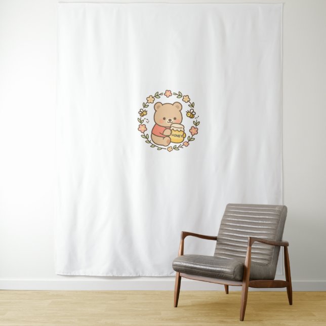 Floral Honey Bear | Pastel Watercolor Bodysuit Tapestry (In Situ)