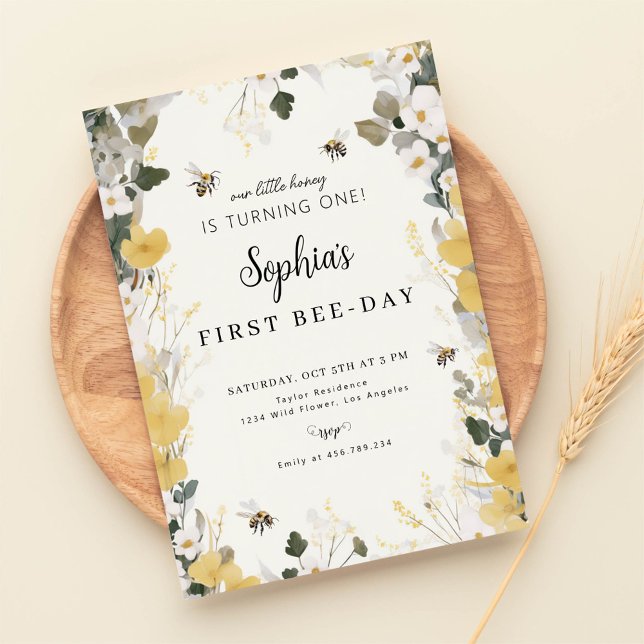 Floral Honey Bee 1st Birthday Invitation (Creator Uploaded)