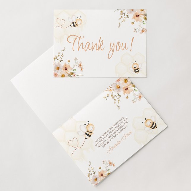 Floral Honey Bee Baby Shower Folded Thank You Card (Creator Uploaded)