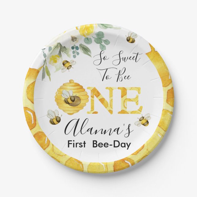 Floral Honey Bee First Bee-day Birthday Paper Plate (Front)