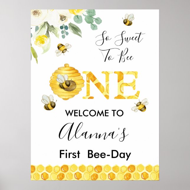 Floral Honey Bee First Bee-day Birthday Welcome Poster (Front)