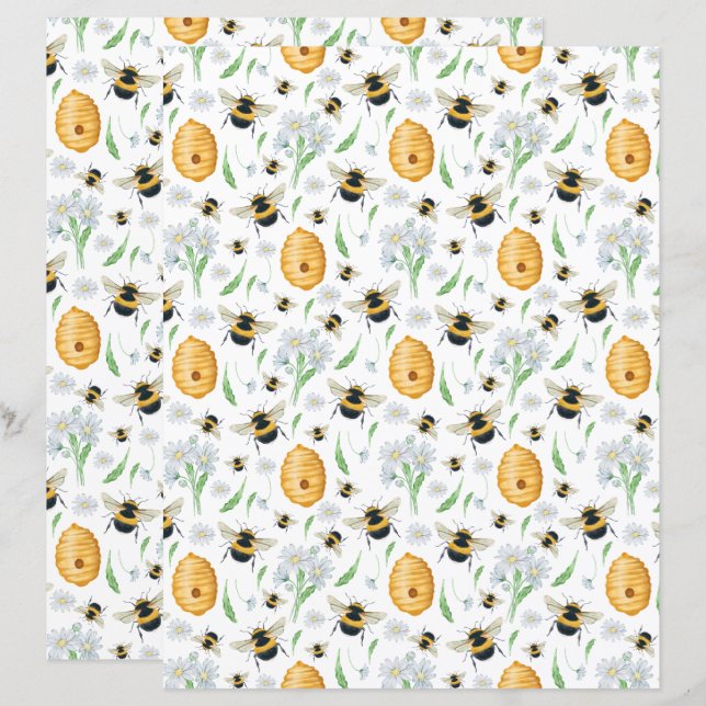 Floral Honey Bees Floral Scrapbook Paper (Front/Back)